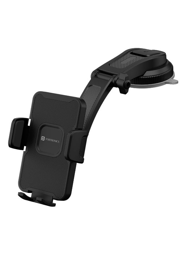 بورترونيكس Portronics Clamp M5 Car Phone Holder Stand with Grip Rotation, Strong Hold, Suction Cup Mount, Single Hand Use, Shockproof Build, Mobile Stand for Car (Black) - Image 1